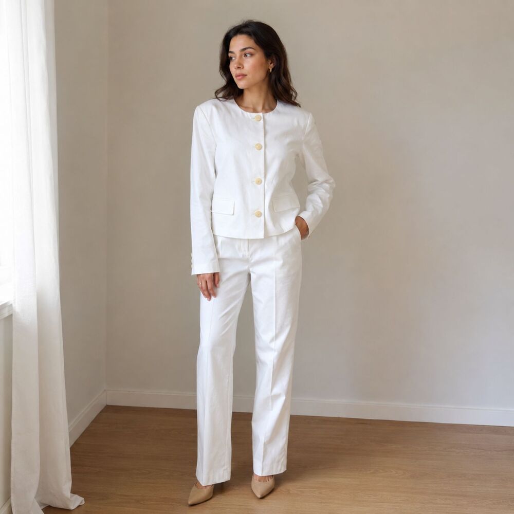 Preppy Office Work Wedding Ann Taylor Classic White 2 Piece Suit Set